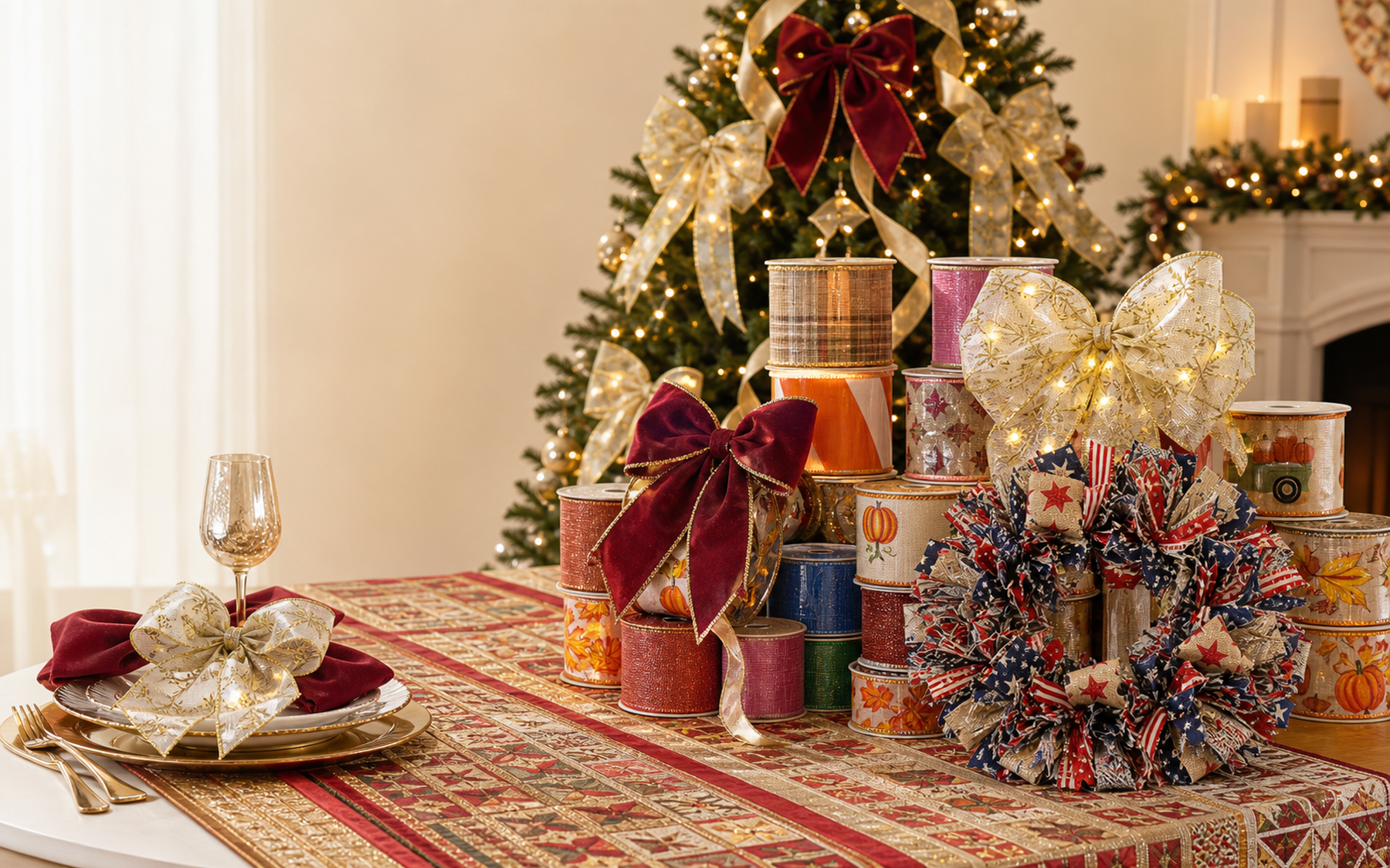 Wholesale Christmas bows, ribbons, wreath and table décor collection